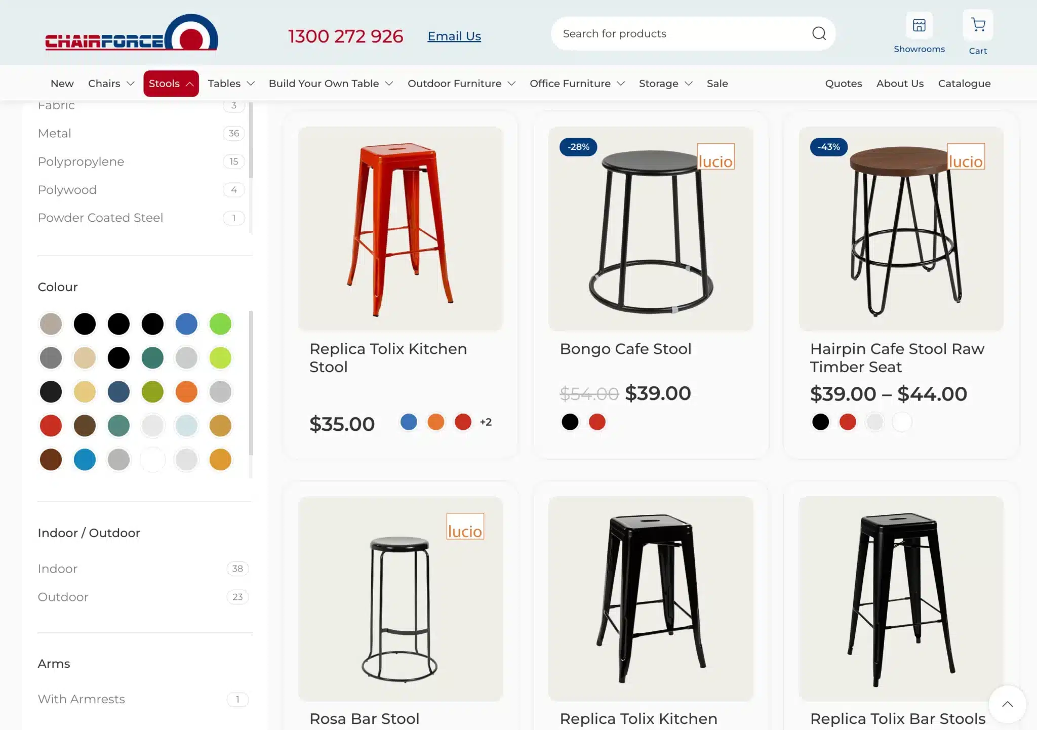 Screenshot of an online store page displaying various bar stools, with prices, color options, and clear in-stock or sale icons—ideal inspiration for any WooCommerce developer Sydney seeking AI optimisation in eCommerce site design.